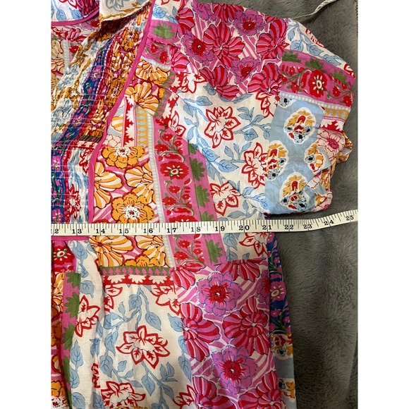 Umgee Womens Patchwork Floral Smocked V-Neck Mini Dress Pink Blue Orange Large - Picture 5 of 6